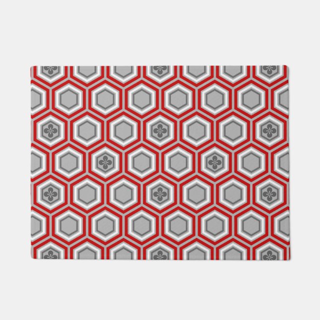 Hexagonal Kimono Print, Red and Gray / Grey Doormat (Front)