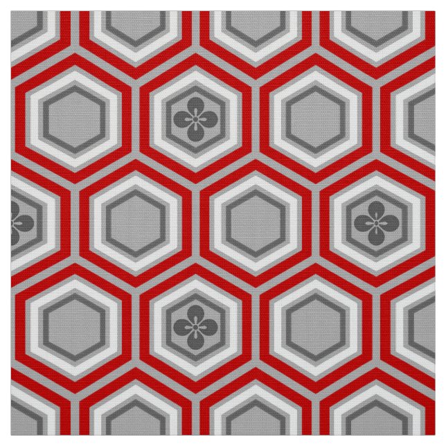 Hexagonal Kimono Print, Red and Gray / Grey Fabric (Swatch)