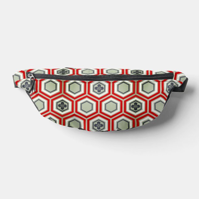 Hexagonal Kimono Print, Red and Gray / Grey Fanny Pack (Lay Down)