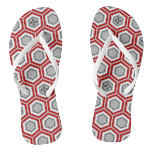 Hexagonal Kimono Print Red and Gray  Grey Flip Flops