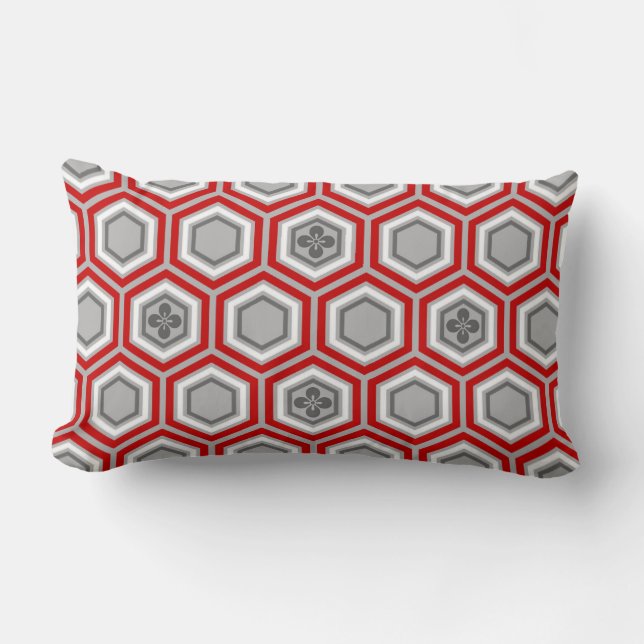 Hexagonal Kimono Print, Red and Gray / Grey Lumbar Pillow (Front)