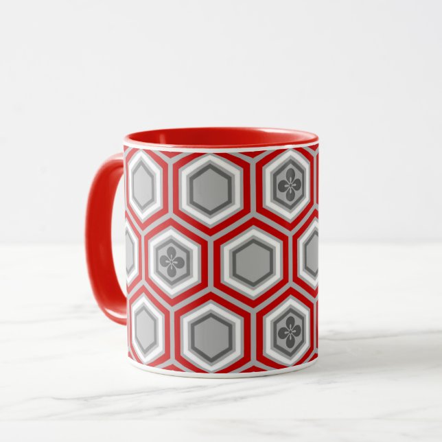 Hexagonal Kimono Print, Red and Gray / Grey Mug (Front Left)