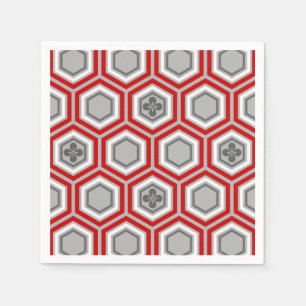 Hexagonal Kimono Print, Red and Gray / Grey Napkins