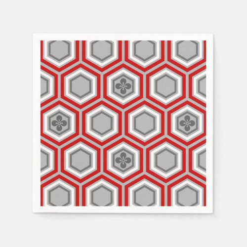 Hexagonal Kimono Print Red and Gray  Grey Napkins