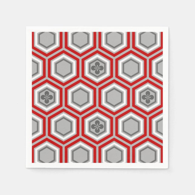 Hexagonal Kimono Print, Red and Gray / Grey Napkins (Front)