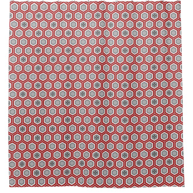 Hexagonal Kimono Print, Red and Gray / Grey Shower Curtain (Front)