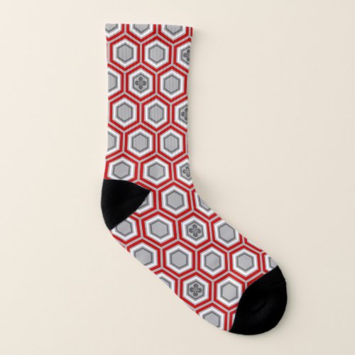 Hexagonal Kimono Print Red and Gray  Grey Socks