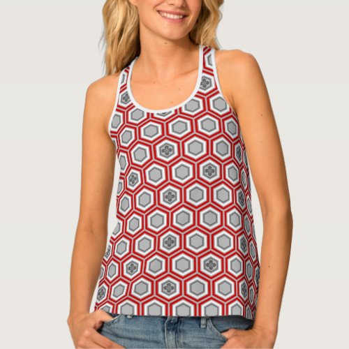 Hexagonal Kimono Print Red and Gray  Grey Tank Top