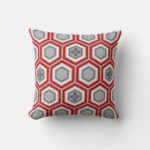 Hexagonal Kimono Print, Red and Gray / Grey Throw Pillow