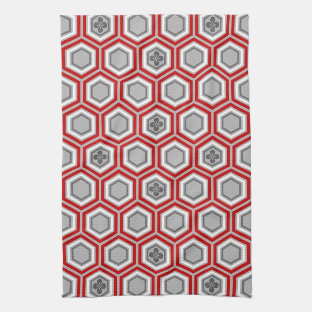 Hexagonal Kimono Print, Red and Gray / Grey Towel (Vertical)