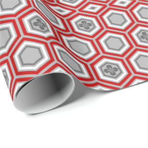 Hexagonal Kimono Print, Red and Gray / Grey Wrapping Paper