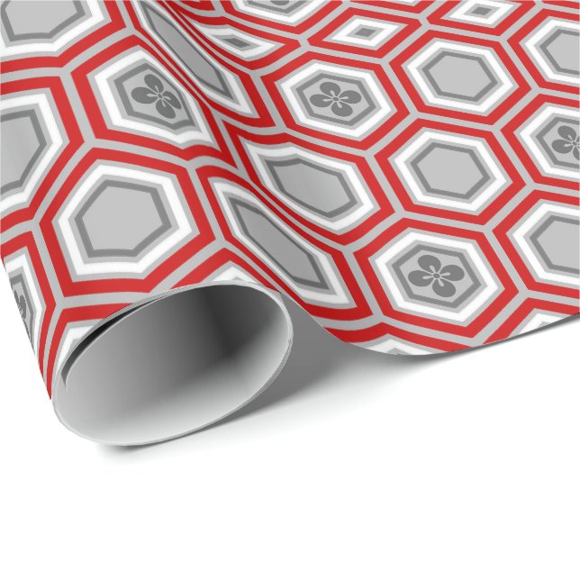 Hexagonal Kimono Print, Red and Gray / Grey Wrapping Paper (Roll Corner)