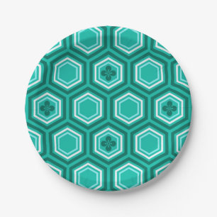 Hexagonal Kimono Print, Teal, Aqua and White Paper Plates