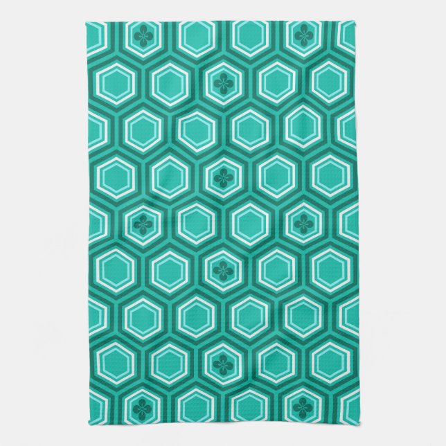 Hexagonal Kimono Print, Teal, Aqua and White Towel (Vertical)