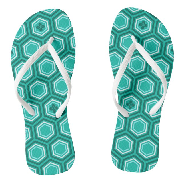 Hexagonal Kimono Print, Turquoise and White Flip Flops (Footbed)