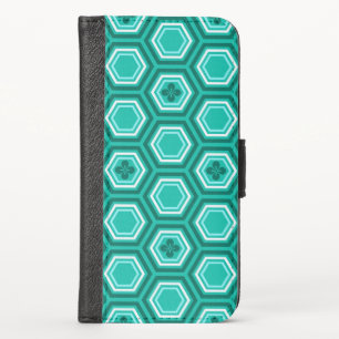 Hexagonal Kimono Print, Turquoise and White iPhone XS Wallet Case