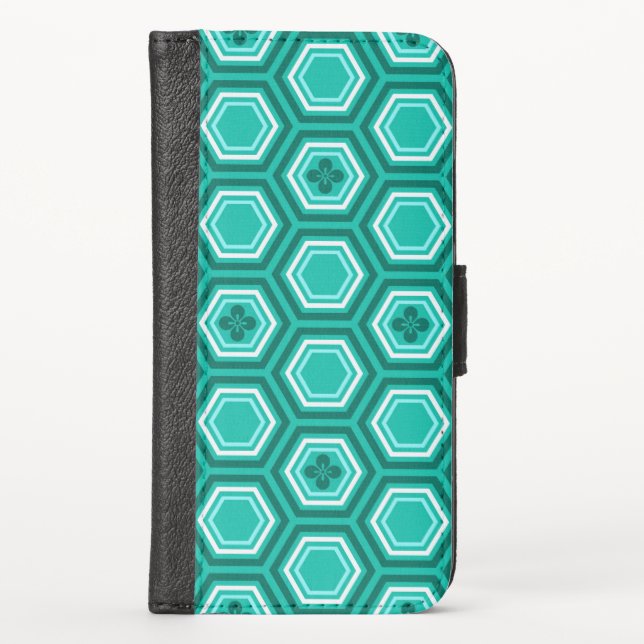 Hexagonal Kimono Print, Turquoise and White iPhone Wallet Case (Front)