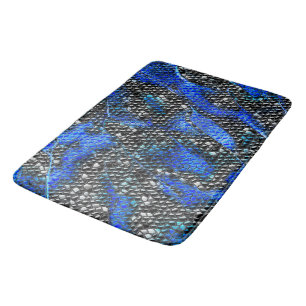 Hexagonal mosaic or blue and grey to black scales bath mat