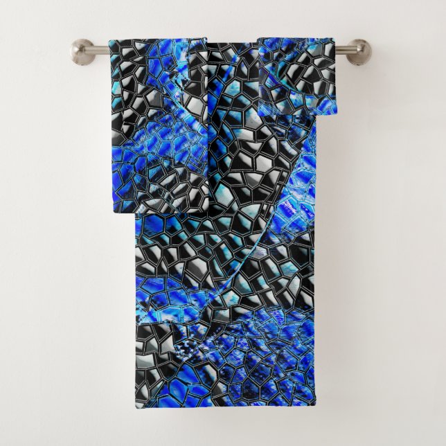 Hexagonal mosaic or blue and grey to black scales  bath towel set (Insitu)