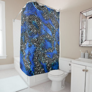 Hexagonal mosaic or blue and grey to black scales shower curtain