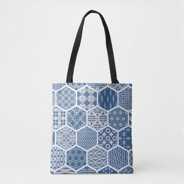 Hexagonal Pattern Tote in Blue & Gray (Front)