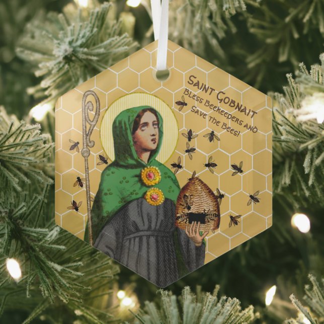 Hexagonal Portrait of St. Gobnait (SAE 003) Glass Ornament (Insitu)