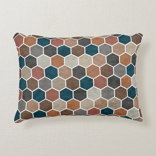 Hexagonal Textured Pattern Blue Brown Grey Accent Pillow (Front)