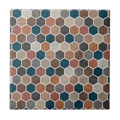 Hexagonal Textured Pattern Blue Brown Grey Ceramic Tile