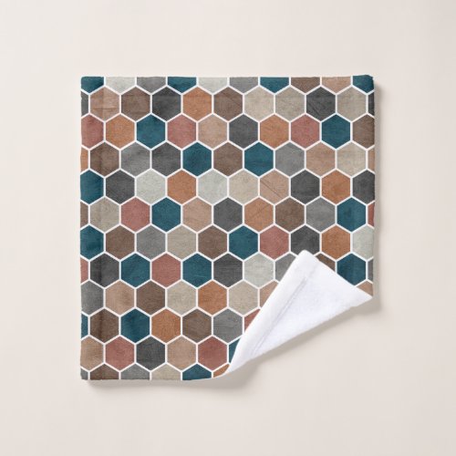 Hexagonal Textured Pattern Blue Brown Grey Wash Cloth