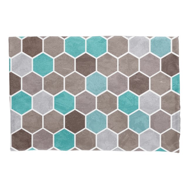 Hexagonal Textured Pattern Blue Brown Pillow Case (Front)