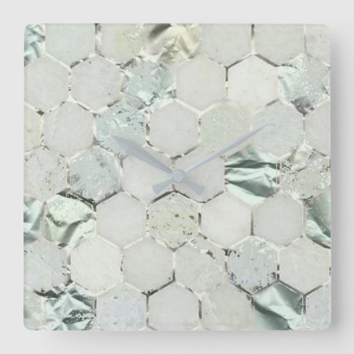Hexagone Aqua Mint Metallic Marble Honecom Square Wall Clock