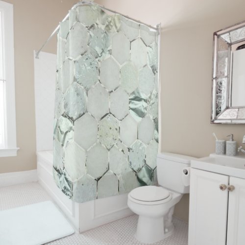 Hexagone Marble Mint Aqua Metallic White Gray Shower Curtain