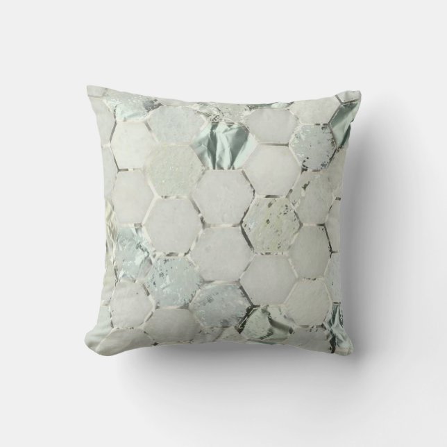 Hexagone Mint Aqua Silver Gray Metal Marble Stone Throw Pillow (Front)