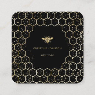 hexagons bee logo on black square business card