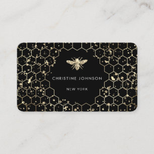 hexagons faux glitter bee on black business card