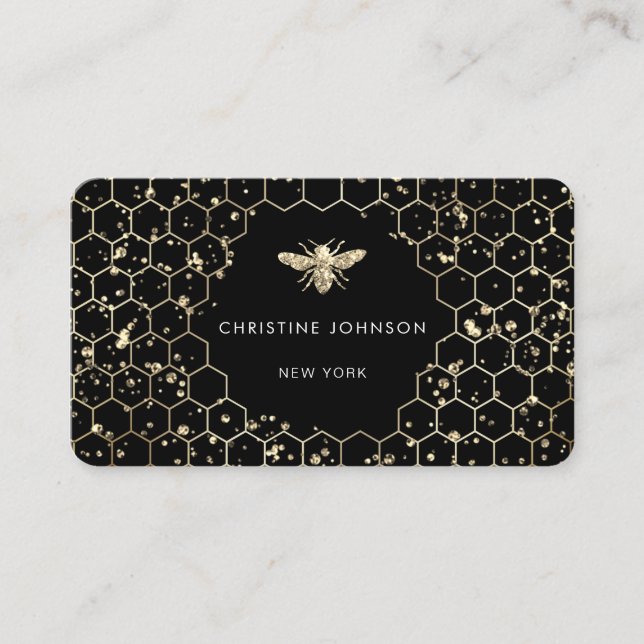 hexagons faux glitter bee on black business card (Front)