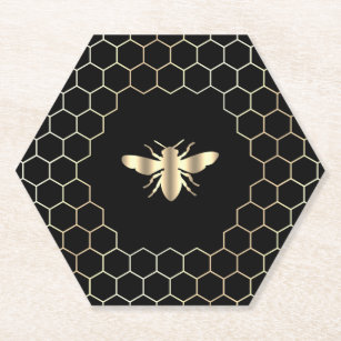 hexagons honeycomb bee design on black paper coaster