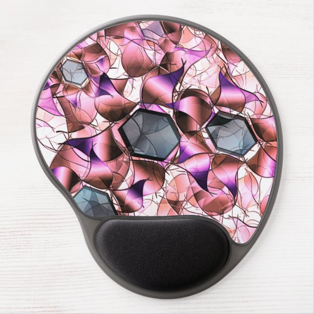 Hexagons surrounded by pinkish petal-like shapes gel mouse pad (Front)