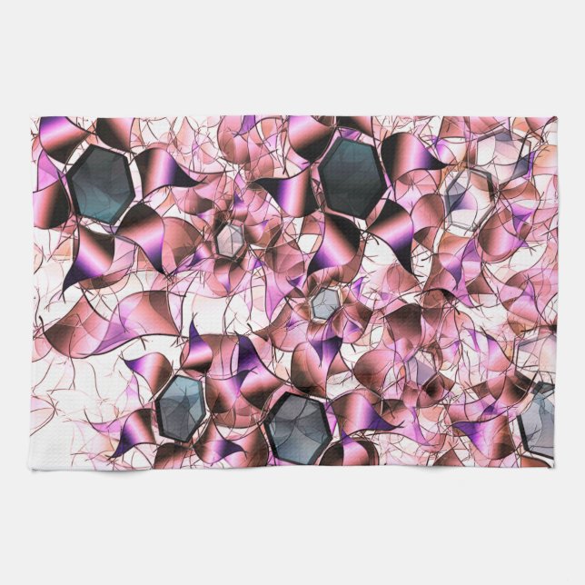 Hexagons surrounded by pinkish petal-like shapes kitchen towel (Horizontal)