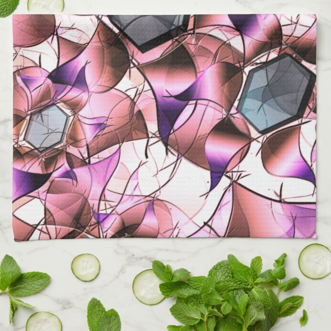Hexagons surrounded by pinkish petal-like shapes kitchen towel (Folded)