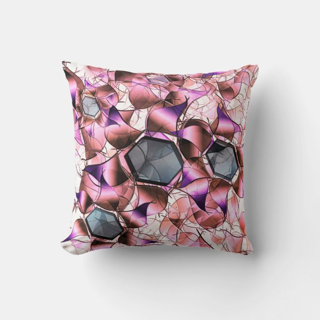 Hexagons surrounded by pinkish petal-like shapes throw pillow (Front)
