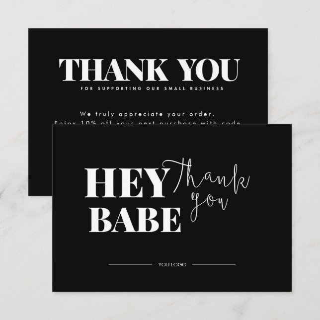 Hey Babe Black Thank You Card Discount Code (Front/Back)