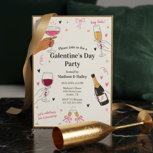 Hey Babe Galentines Invitation Gold Frame (A trendy Galentine's Day invitation with gold frame border)