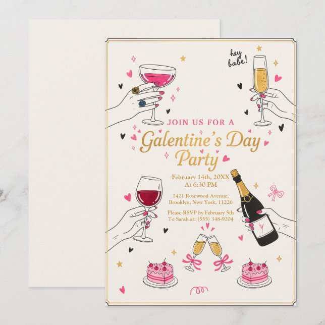 Hey Babe Galentines Party Wine Cake Invitation (Front/Back)