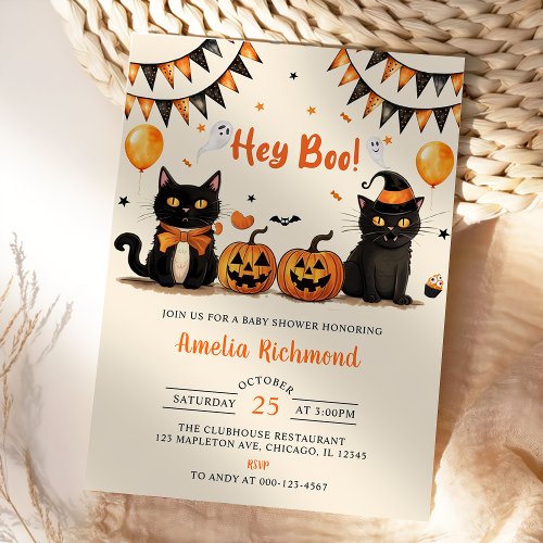 Hey Boo  Black Cat Halloween Baby Shower Invitation