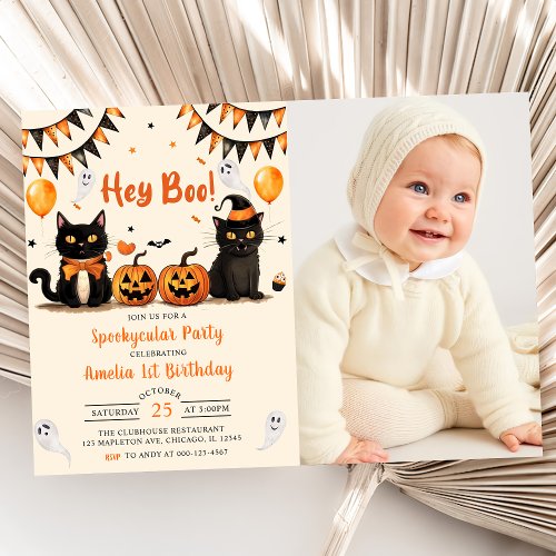 Hey Boo  Black Cat Halloween Birthday Party Photo Invitation