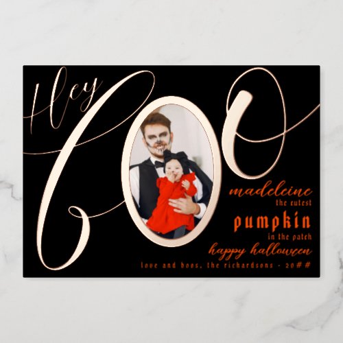 Hey Boo Black Halloween Gold Lettering Baby Photo Foil Holiday Card