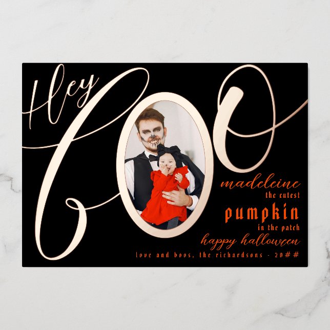 Hey Boo Black Halloween Gold Lettering Baby Photo Foil Holiday Card (Front)