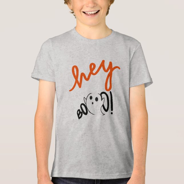 Hey Boo Black Orange Funny Halloween Ghost kid Tri-Blend Shirt (Front)