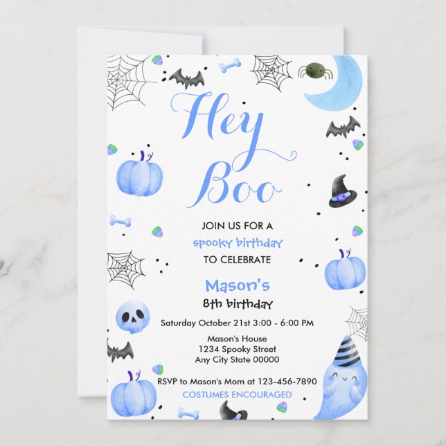 Hey Boo Blue Ghost Halloween Birthday Invitation (Front)